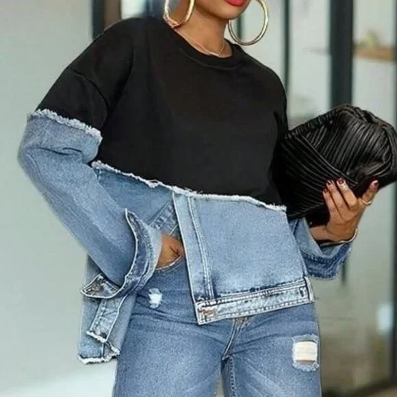 Black Casual Women's Valentine's Day Denim Patchwork Sweatshirt - Picture 4 of 9